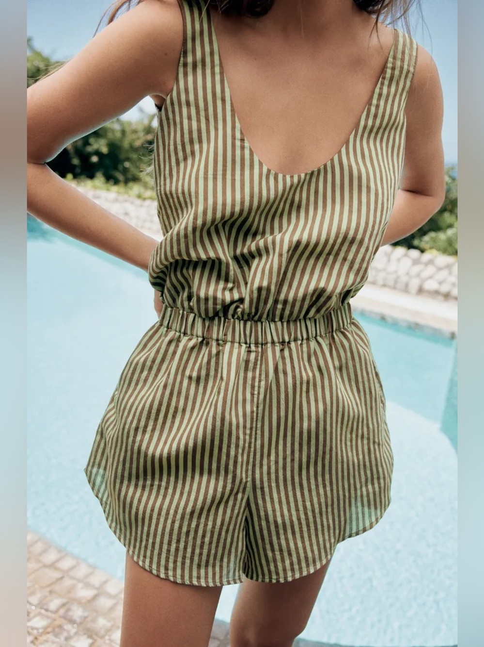 Zara Green and Brown Striped Summer Romper. POP